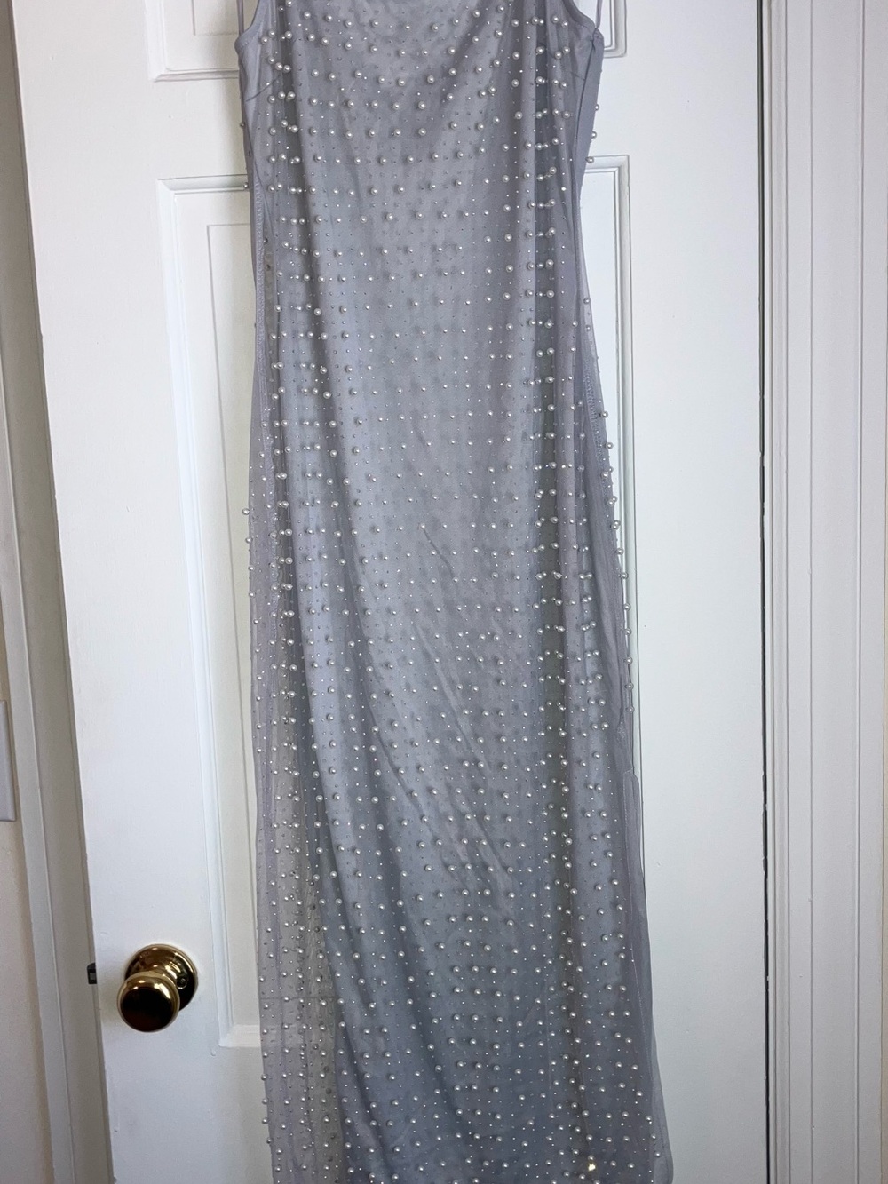 Haute Monde Silver-Gray Pearl-Studded Sheer Slip Dress